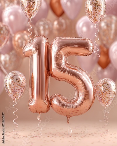 Elegant Rose Gold Number Balloon for Fifteenth Birthday Celebration