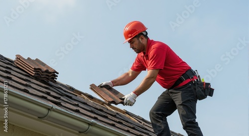 Wallpaper Mural Roofer installing new tiles on a residential roof. Construction worker in a hard hat doing home improvement and repair. Skilled labor and building maintenance concept. Torontodigital.ca