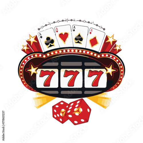 Lucky Seven Slot Machine with Playing Cards and Dice.