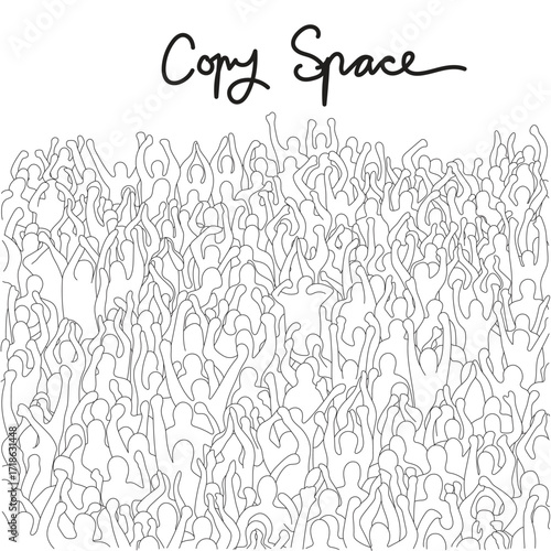 Crowd of cheering fans on stadium illustration vector hand drawn with black lines