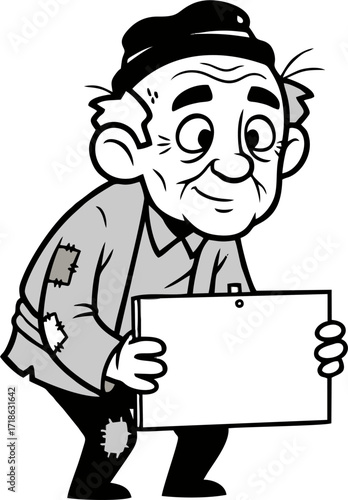 Cartoonish elderly man with patched clothing holding a blank sign