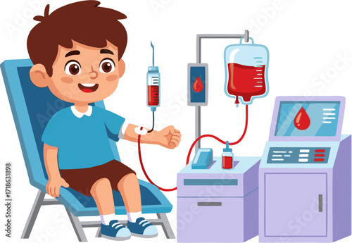 Cheerful Young Boy Undergoing Blood Donation Procedure