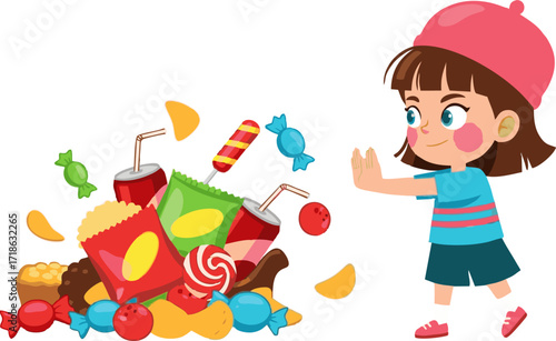 Child Rejecting Unhealthy Foods with Colorful Treats