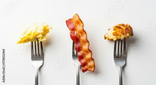 Trio of classic breakfast foods on forks with scrambled eggs, crispy bacon, and hash brown, styled as a morning lifestyle dining presentation
