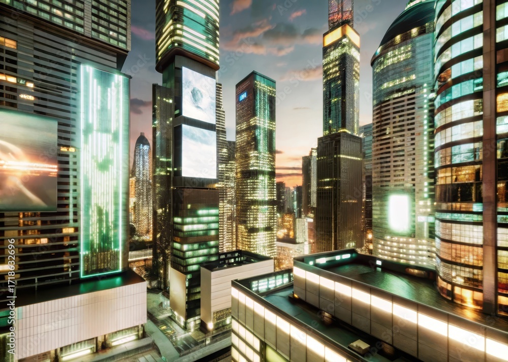 Obraz premium Neon-lit skyscrapers and holographic advertisements dominate a futuristic cityscape at dusk