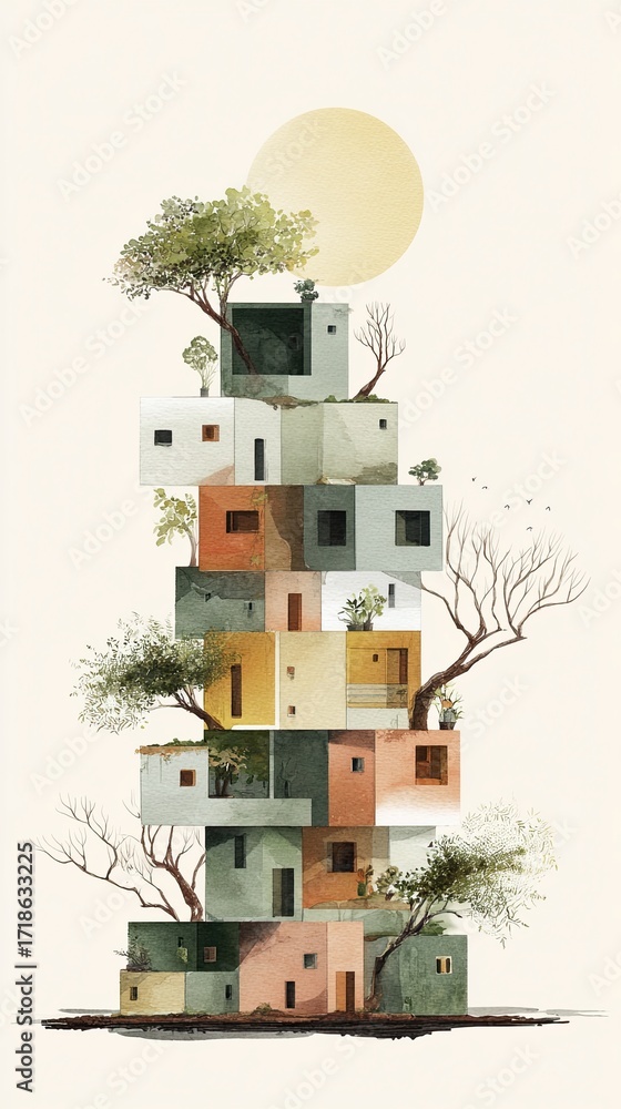 Obraz premium A whimsical stacked structure of colorful houses surrounded by trees, under a large sun, blending nature and architecture in harmony.