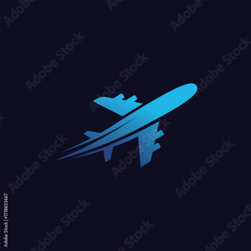 An airplane flying in the night sky with a gradient blue color scheme