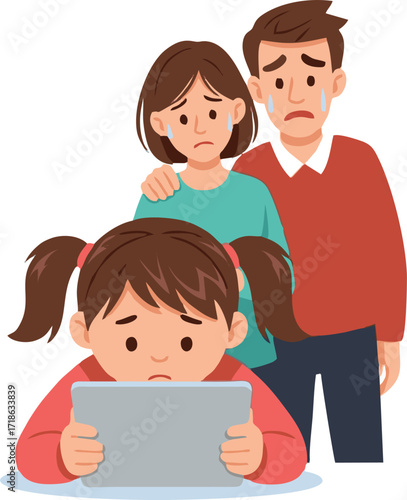 Distressed Family with Pigtails Girl Using Tablet, Parents Crying Behind Her