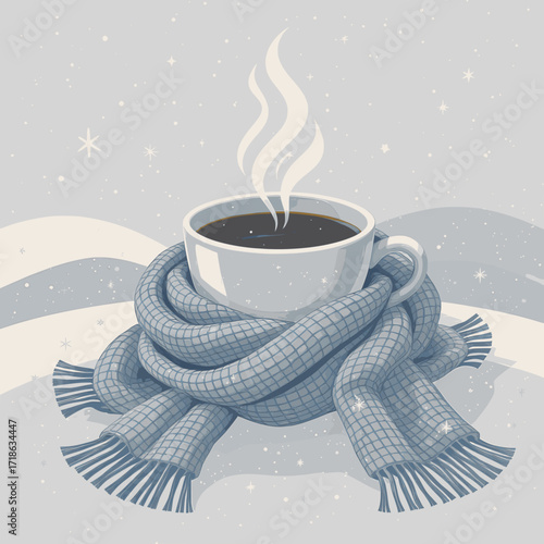 A cozy vector illustration of a coffee cup with steam, surrounded by snowflakes and a warm scarf, set against a snowy background, in a flat vector style with cool tones