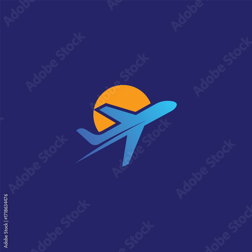 Airplane flying in front of the sun on blue background travel concept