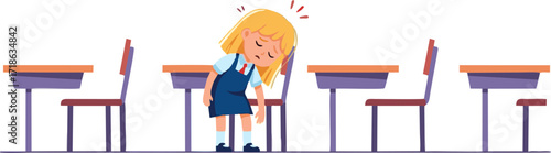Exhausted Schoolgirl Leaning on Chair Amidst Desks, Illustrating Fatigue and Stress.