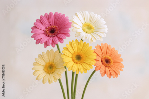 Colorful gerbera daisy bouquet on soft background with copy space