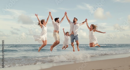 Happy Family Jumping on Beach at Sunset, Joyful Summer Vacation, Ocean Fun