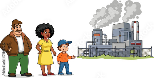 Family Observing Industrial Pollution from a Factory with Smoke Emissions