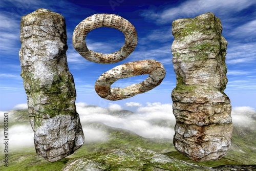 Three weathered stone pillars, with mossy textures, levitating above a landscape of hills and clouds.  Two rings orbit between them