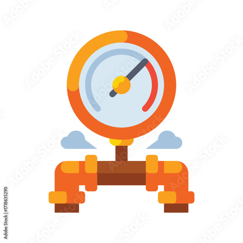 Pressure Gauge on Pipes with Steam Flat Icon.