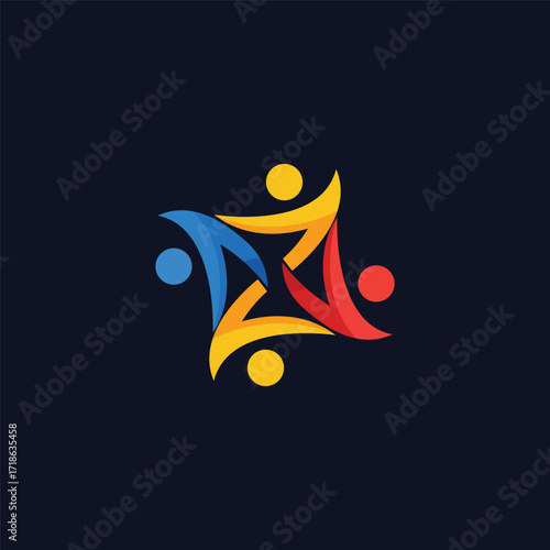 Colorful abstract people connected in a circle on a dark blue background