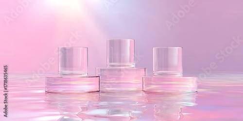 Abstract surreal scene, empty stage with three clear glass cylinder podiums on a pastel pink holographic background in water. A pedestal for cosmetic product packaging mockups displays presence.