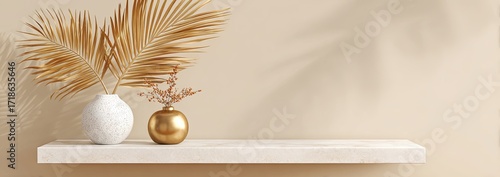 Minimalist display shelf with decorative vases and dried palm leaves