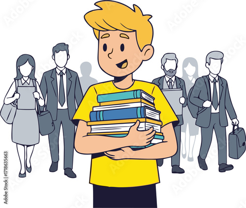 Happy Boy Carrying Books Surrounded by Business People