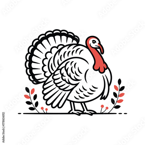 Stylized Turkey with Red Neck and Decorative Branches Keywords: turkey, bird, fowl, poultry