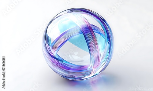 Abstract transparent glass sphere with blue and purple lines on a white background, 3d rendering illustration of futuristic abstract shape with holographic element.