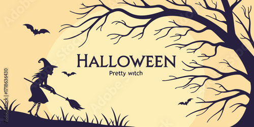  Halloween horizontal banner with vector logo. The inscription with ominous tree branches, bats and a pretty witch on a background of the full moon.
