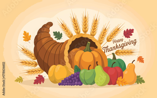 Thanksgiving cornucopia with wheat stalks and autumn leaves