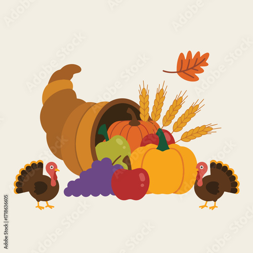 Thanksgiving Cornucopia with Turkeys and Harvest autumn