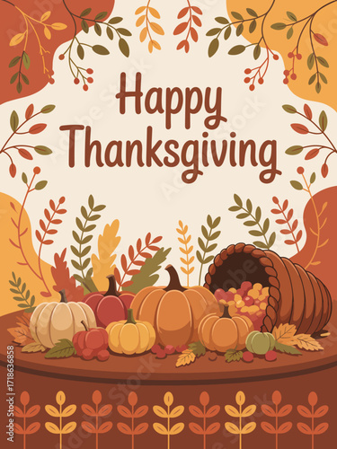  Happy Thanksgiving, autumn flat vector illustration background