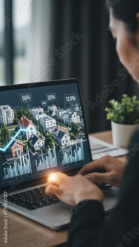 Real Estate Market Analysis: Woman Analyzing Housing Market Trends and Investment Opportunities on Laptop with Data Visualization