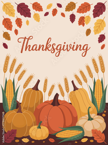 Thanksgiving, autumn border, frame, flat vector illustration background