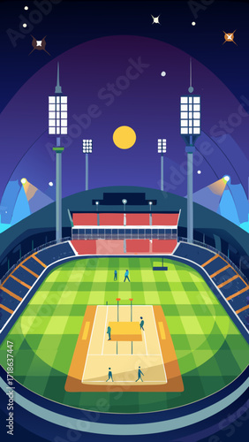 “A clean flat vector poster of cricket stadium