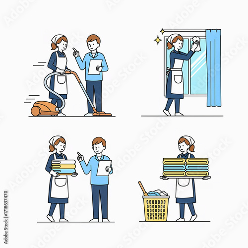 Vector illustration of housekeeper and supervisor characters doing various cleaning tasks. The housekeeper vacuums the floor, wipes the window, carries folded laundry, and interacts with the superviso