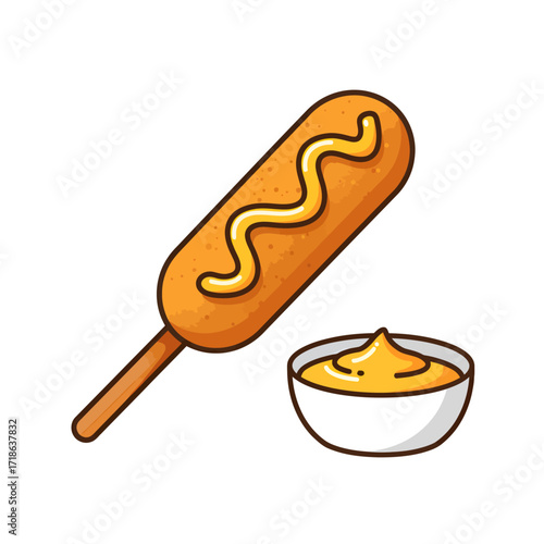 Corn dog on stick with dipping sauce bowl