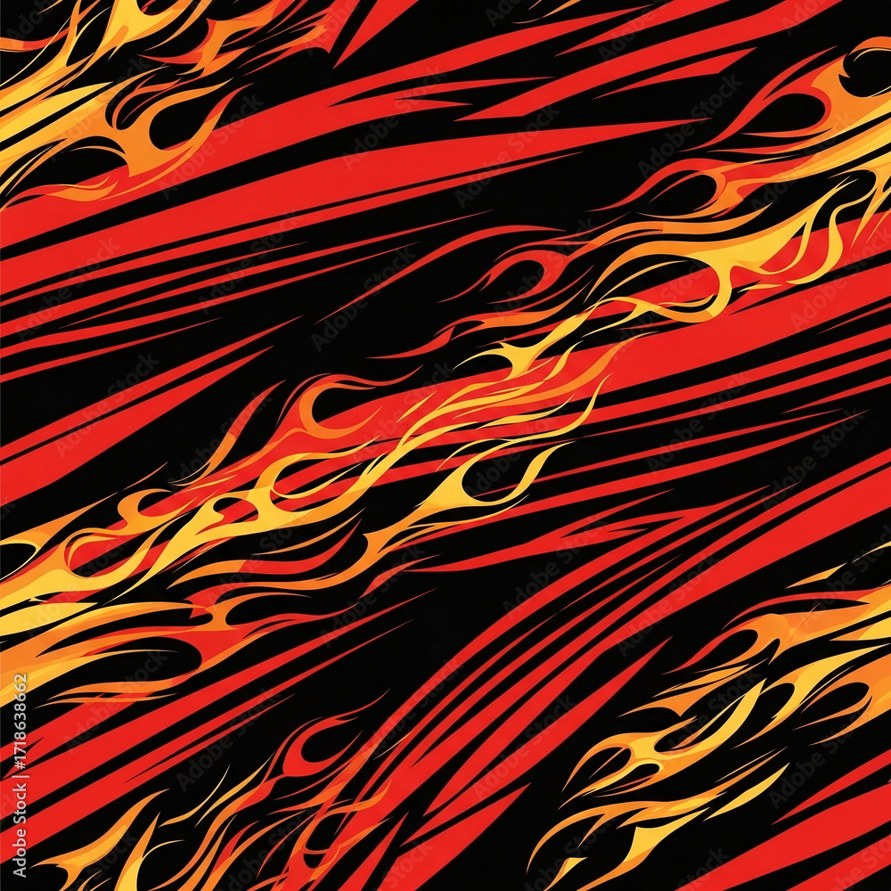 Dynamic seamless pattern of stylized hot rod flames. A fiery, abstract background with red and orange stripes, perfect for racing, cars, and extreme sports graphics. Dynamic seamless pattern of stylized hot rod flames. A fiery, abstract background with red and orange stripes, perfect for racing, cars, and extreme sports graphics.