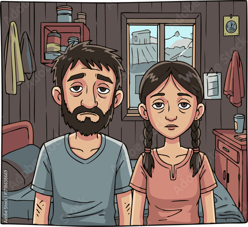 Weary Father and Daughter in a Simple Room, Facing the Viewer Directly.