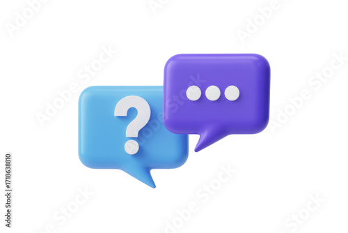A survey chat speech bubbles with question mark symbol. Clarification, question, FAQ, QA concept. Survey reaction 3d icon