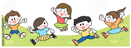 草原でかけっこする子供たちのイラスト