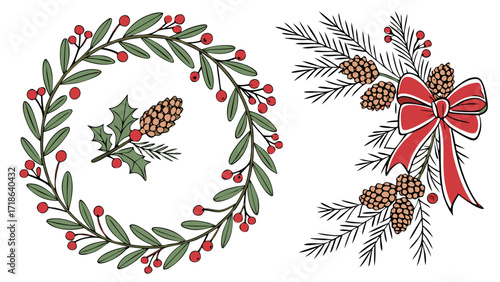 Doodle Christmas Wreath and Pinecone Holly Garland Line Art, Christmas Wreath with Holly Berries