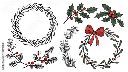 Doodle Christmas Foliage Set: Wreaths, Holly, Pine Branches, Red Berries