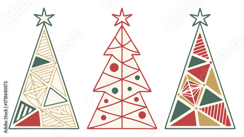 Mid-Century Christmas Trees: Geometric Pattern Fill, Retro Color Palette, Minimalist Geometric Holiday Tree Vector Pack for Designers. Vector Illustration of a Christmas Tree