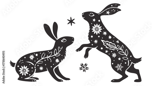 Folk Art Rabbit Silhouette Pair, Winter Botanical, Snowflake Pattern, Christmas Creature Rabbit Couple Silhouettes with Patterned Fill for Holiday Design. Vector Illustration of Rabbits