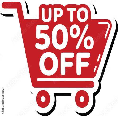 Grab Up to 50% Off Now! Shop the Sale with This Eye-Catching Red Shopping Cart Graphic, Perfect for Advertising, Promotions, and Holiday Discounts