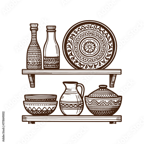 Rustic Kitchen Shelves — Hand‑Drawn Pottery Still Life