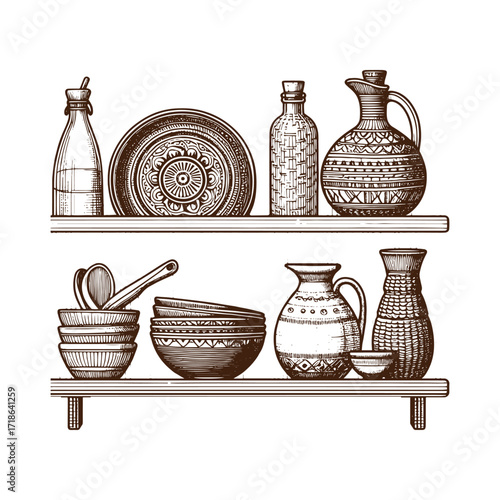 Rustic Kitchen Shelves — Hand‑Drawn Pottery Still Life