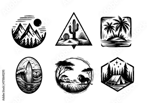 Black and White VintageTravelling Badge Collection Vector by AZ for UI/UX, Books, Design and Decoration Asset