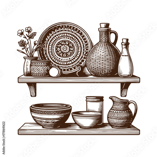 Rustic Kitchen Shelves — Hand‑Drawn Pottery Still Life