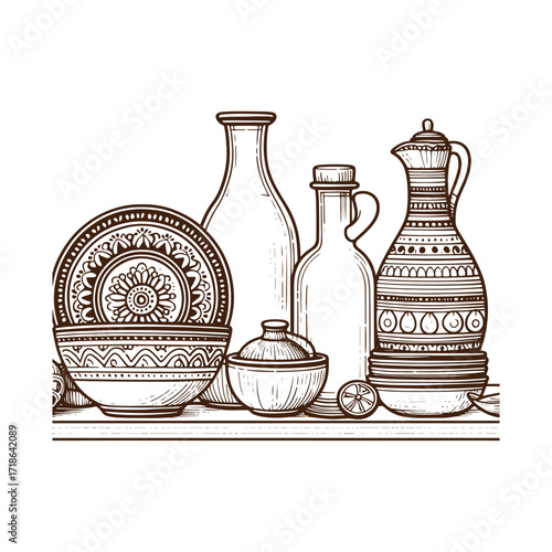 Rustic Kitchen Shelves — Hand‑Drawn Pottery Still Life