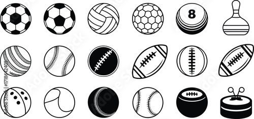 Sports balls vector illustration, football basketball baseball volleyball tennis cricket rugby bowling pool icons, black and white outline silhouettes, athletic equipment graphic design